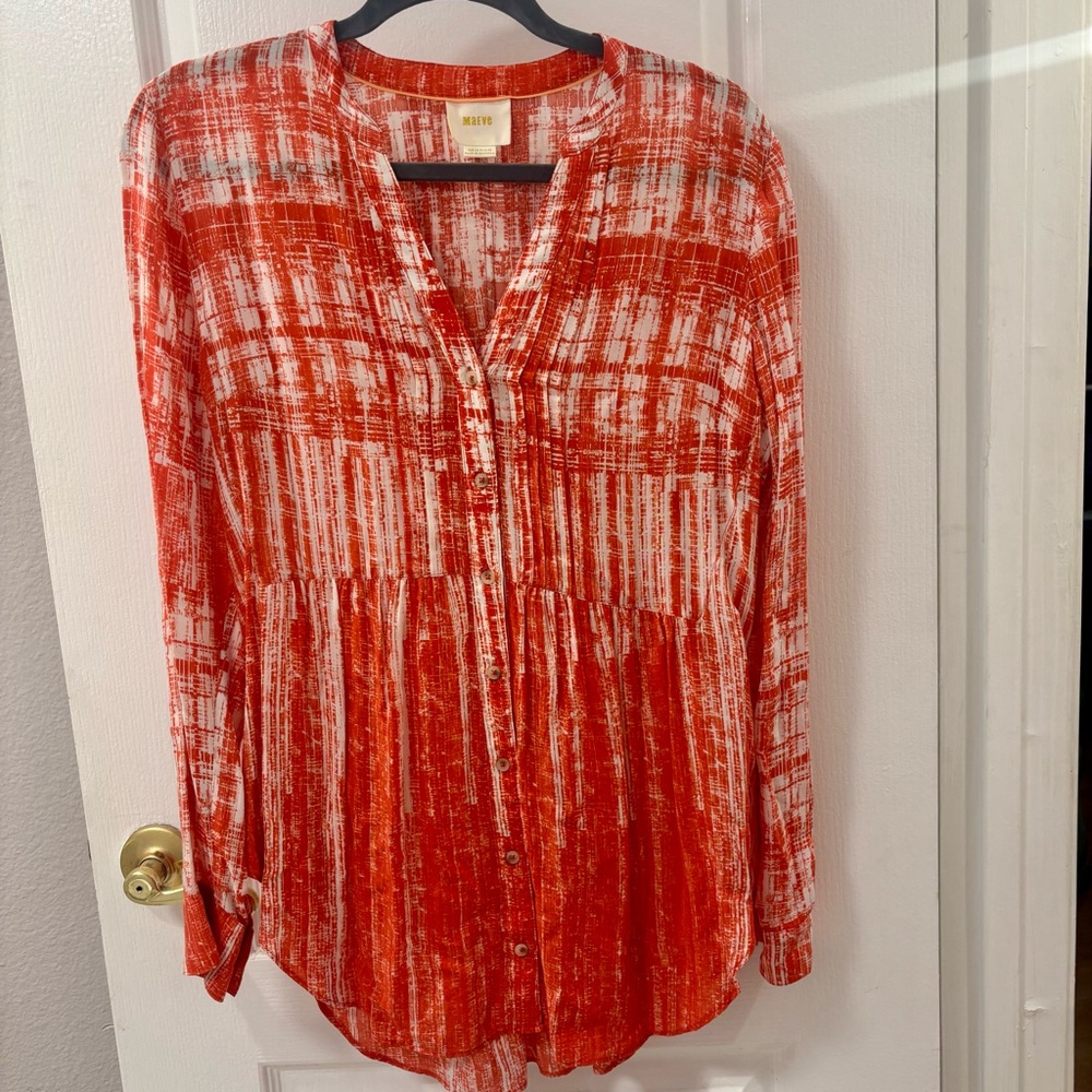 Anthropologie Maeve Calia Rust Patterned Pintuck Blouse size 8